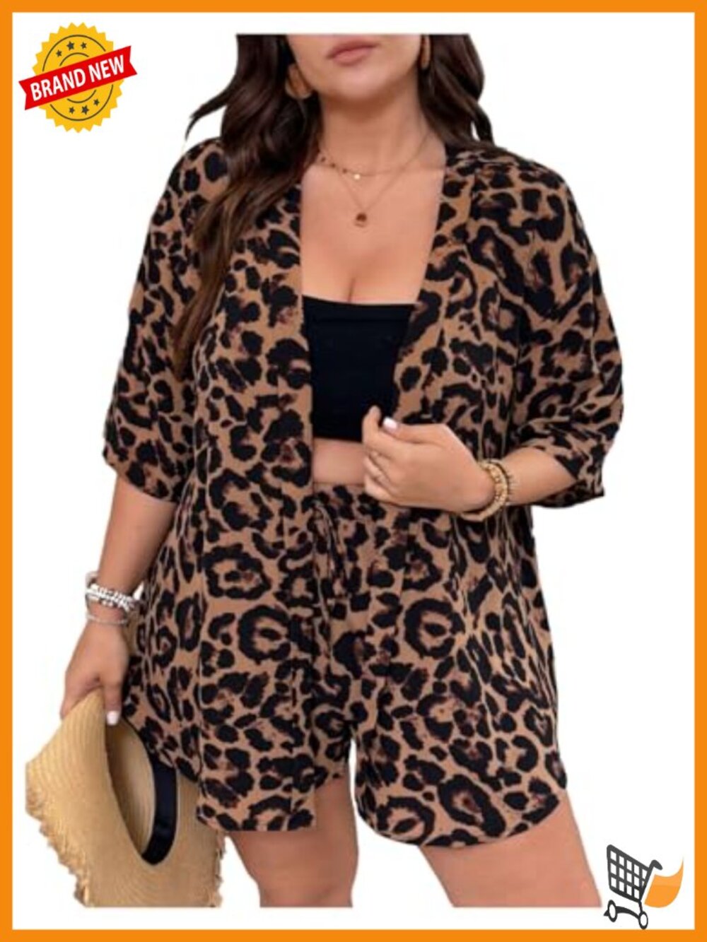 Women's Plus Size Leopard Print Kimono and Shorts Set, Half Sleeve, Open Front,